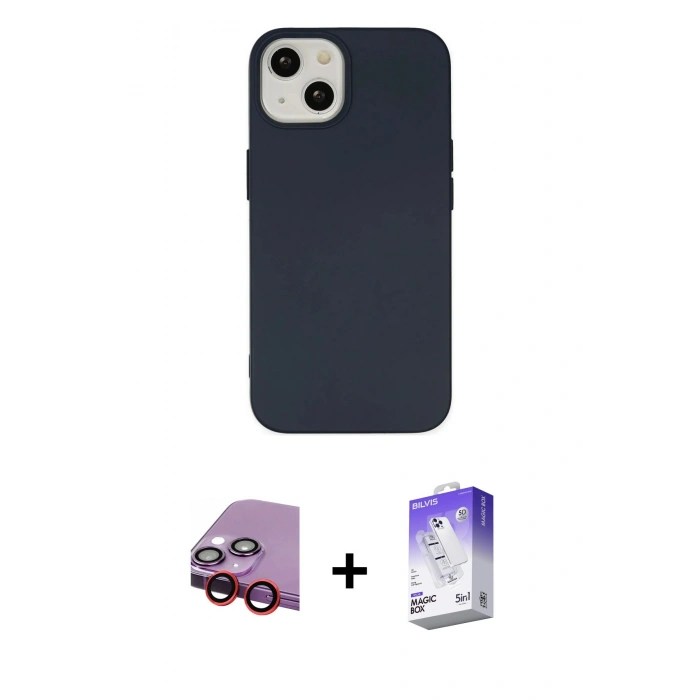 MARSİLYAN™- iPhone 14 Kılıf Ahenk Serisi - Siyah Bilvis 5in1 3D Magic Cam Ekran Koruyucu + Raze Metal Kamera Lens - KI