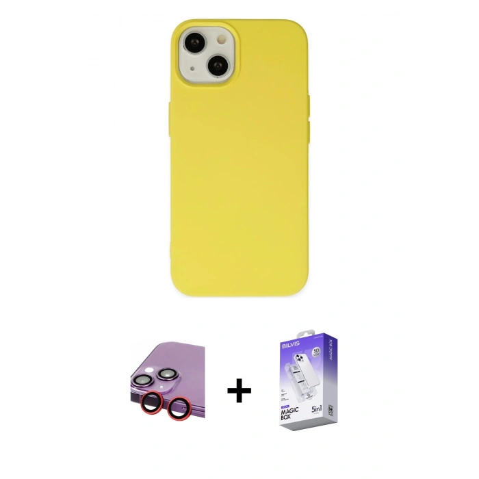 MARSİLYAN™- iPhone 14 Kılıf Ahenk Serisi - Siyah Bilvis 5in1 3D Magic Cam Ekran Koruyucu + Raze Metal Kamera Lens - KI