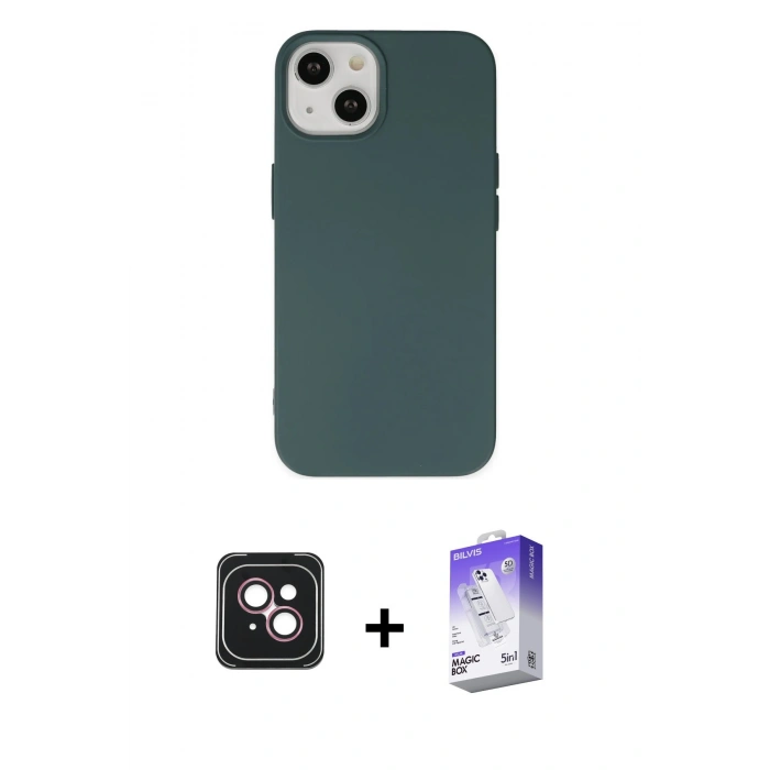 MARSİLYAN™- iPhone 14 Kılıf Ahenk Serisi - Siyah Bilvis 5in1 3D Magic Cam Ekran Koruyucu + PVD Metal Kamera Lens - PE