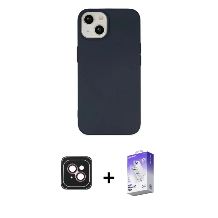MARSİLYAN™- iPhone 14 Kılıf Ahenk Serisi - Siyah Bilvis 5in1 3D Magic Cam Ekran Koruyucu + PVD Metal Kamera Lens - PE