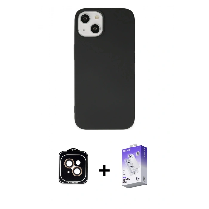 MARSİLYAN™- iPhone 14 Kılıf Ahenk Serisi - Siyah Bilvis 5in1 3D Magic Cam Ekran Koruyucu + PVD Metal Kamera Lens - TU
