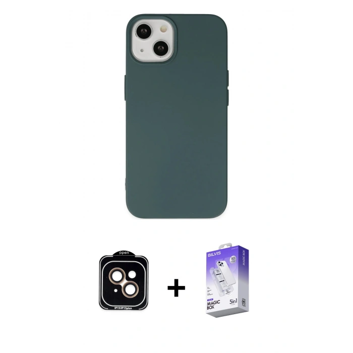 MARSİLYAN™- iPhone 14 Kılıf Ahenk Serisi - Siyah Bilvis 5in1 3D Magic Cam Ekran Koruyucu + PVD Metal Kamera Lens - TU
