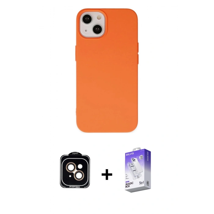 MARSİLYAN™- iPhone 14 Kılıf Ahenk Serisi - Siyah Bilvis 5in1 3D Magic Cam Ekran Koruyucu + PVD Metal Kamera Lens - TU