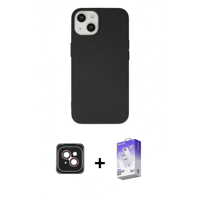 MARSİLYAN™- iPhone 14 Kılıf Ahenk Serisi - Siyah Bilvis 5in1 3D Magic Cam Ekran Koruyucu + PVD Metal Kamera Lens - PE