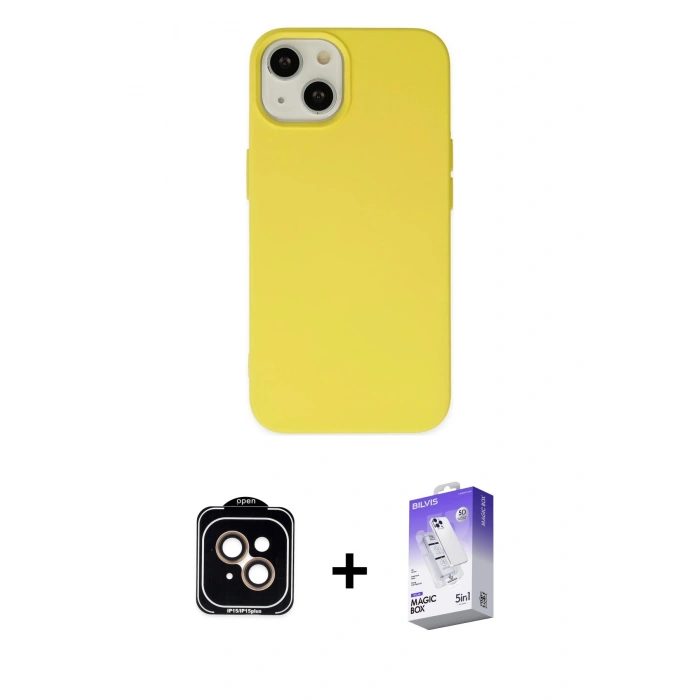 MARSİLYAN™- iPhone 14 Kılıf Ahenk Serisi - Siyah Bilvis 5in1 3D Magic Cam Ekran Koruyucu + PVD Metal Kamera Lens - TU