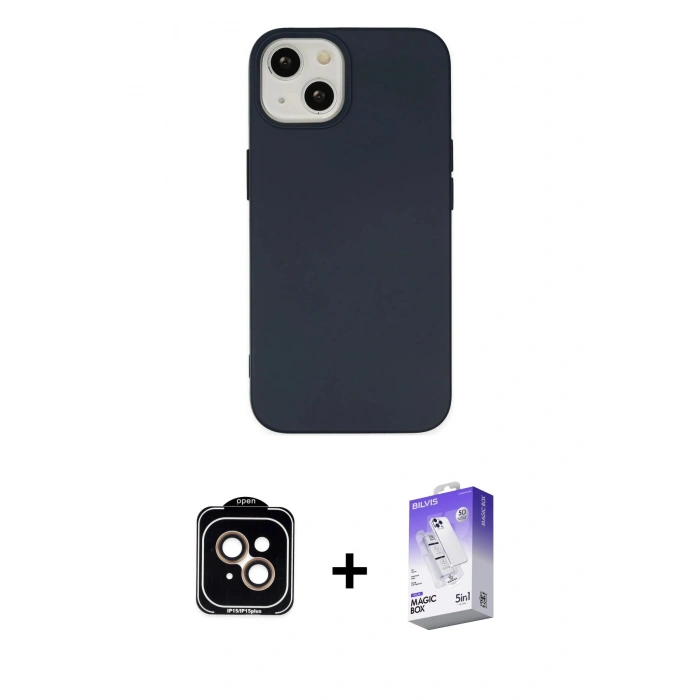 MARSİLYAN™- iPhone 14 Kılıf Ahenk Serisi - Siyah Bilvis 5in1 3D Magic Cam Ekran Koruyucu + PVD Metal Kamera Lens - TU