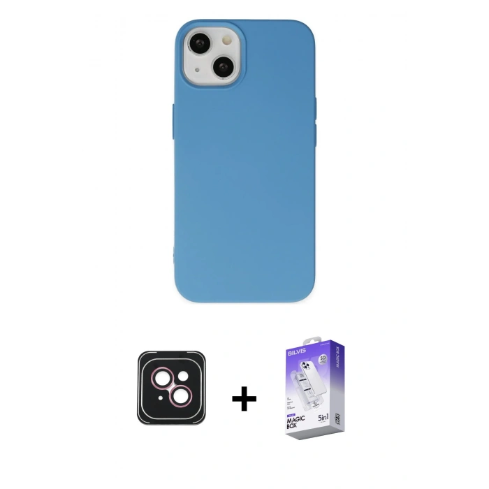 MARSİLYAN™- iPhone 14 Kılıf Ahenk Serisi - Siyah Bilvis 5in1 3D Magic Cam Ekran Koruyucu + PVD Metal Kamera Lens - PE