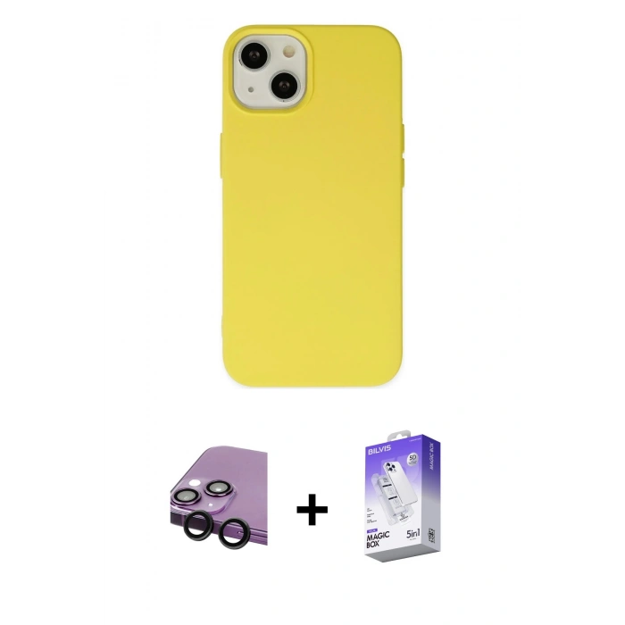 MARSİLYAN™- iPhone 14 Kılıf Ahenk Serisi - Siyah Bilvis 5in1 3D Magic Cam Ekran Koruyucu + Raze Metal Kamera Lens - SH