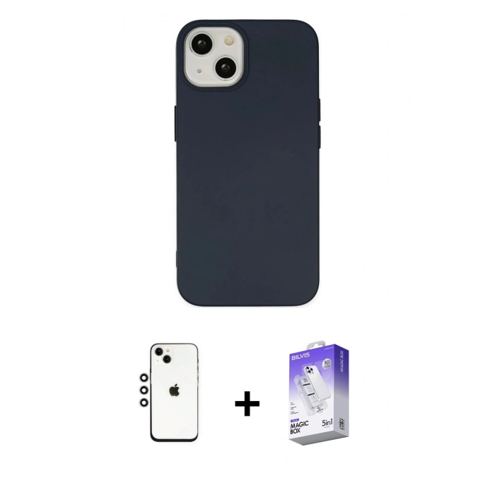 MARSİLYAN™- iPhone 14 Kılıf Ahenk Serisi - Siyah Bilvis 5in1 3D Magic Cam Ekran Koruyucu + Shine Kamera Lens - GS