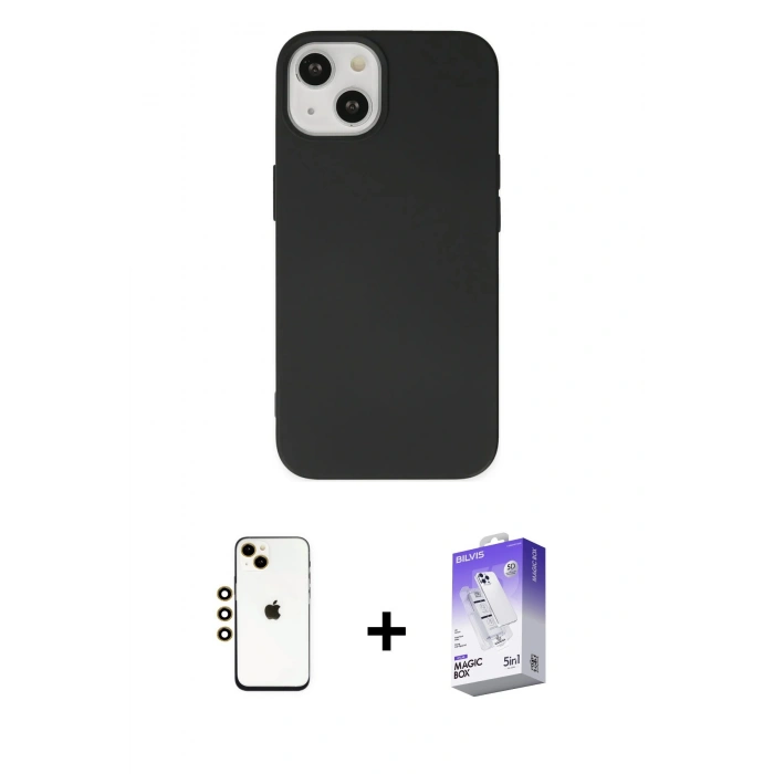 MARSİLYAN™- iPhone 14 Kılıf Ahenk Serisi - Siyah Bilvis 5in1 3D Magic Cam Ekran Koruyucu + Shine Kamera Lens - GD