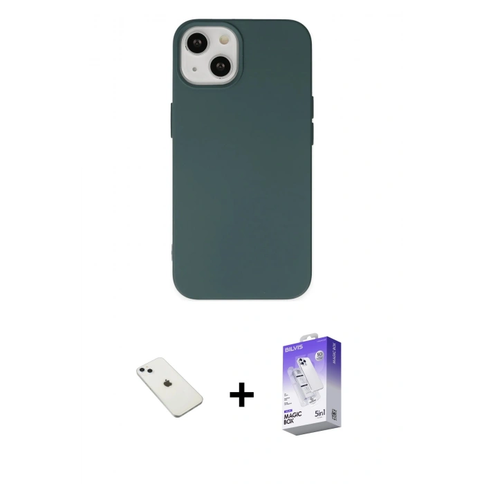 MARSİLYAN™- iPhone 14 Kılıf Ahenk Serisi - Siyah Bilvis 5in1 3D Magic Cam Ekran Koruyucu + Sierra Blue Diamond Kamera Lens