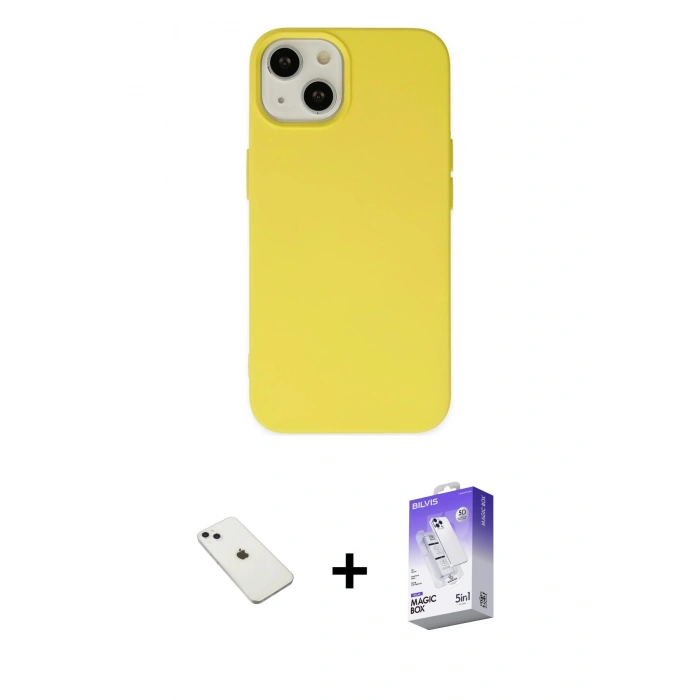 MARSİLYAN™- iPhone 14 Kılıf Ahenk Serisi - Siyah Bilvis 5in1 3D Magic Cam Ekran Koruyucu + Sierra Blue Diamond Kamera Lens