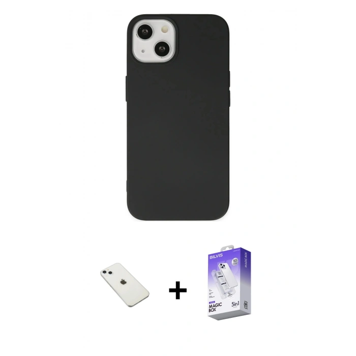 MARSİLYAN™- iPhone 14 Kılıf Ahenk Serisi - Siyah Bilvis 5in1 3D Magic Cam Ekran Koruyucu + Sierra Blue Diamond Kamera Lens