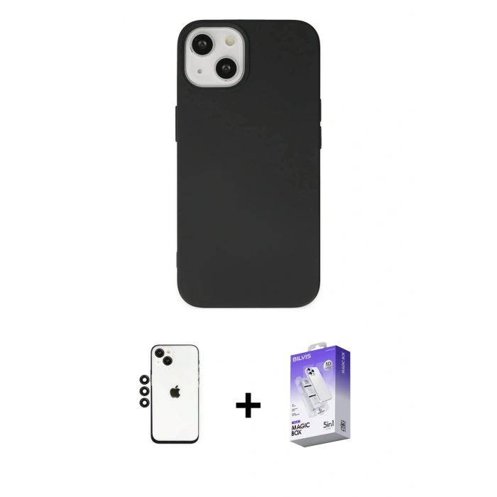 MARSİLYAN™- iPhone 14 Kılıf Ahenk Serisi - Siyah Bilvis 5in1 3D Magic Cam Ekran Koruyucu + Siyah Shine Kamera Lens