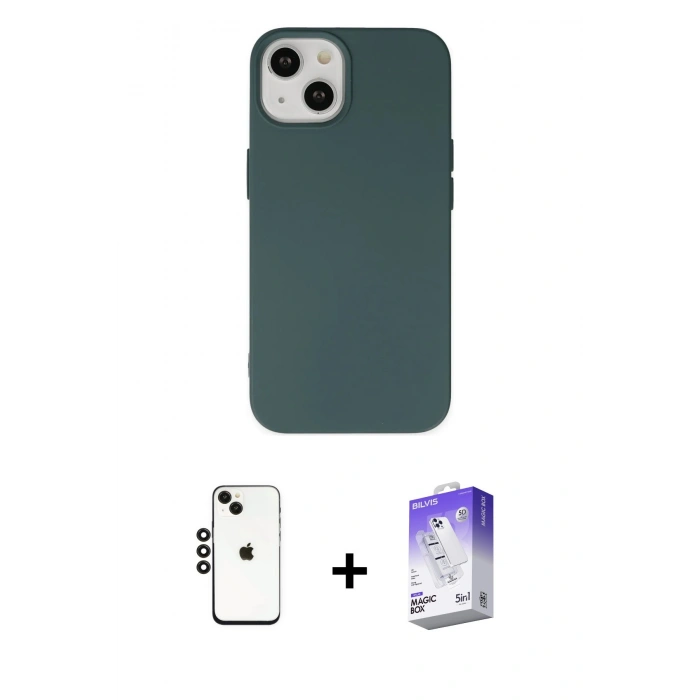 MARSİLYAN™- iPhone 14 Kılıf Ahenk Serisi - Siyah Bilvis 5in1 3D Magic Cam Ekran Koruyucu + Siyah Shine Kamera Lens