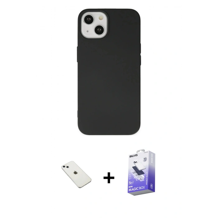 MARSİLYAN™- iPhone 14 Kılıf Ahenk Serisi - Siyah Bilvis 5in1 5D Magic Hayalet Cam Ekran Koruyucu + Diamond Kamera Lens - SABE