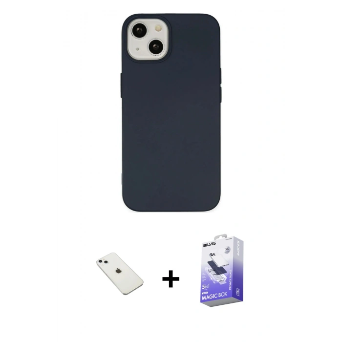 MARSİLYAN™- iPhone 14 Kılıf Ahenk Serisi - Siyah Bilvis 5in1 5D Magic Hayalet Cam Ekran Koruyucu + Diamond Kamera Lens - SABE