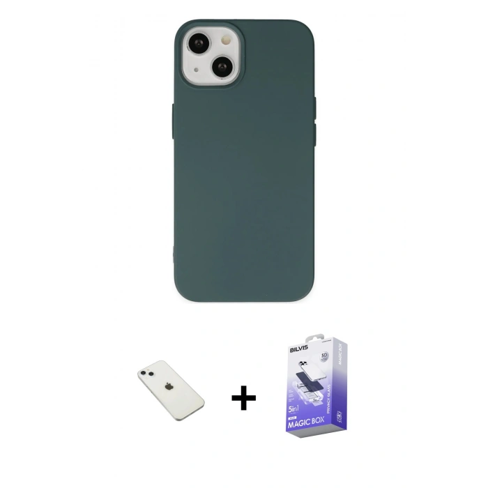 MARSİLYAN™- iPhone 14 Kılıf Ahenk Serisi - Siyah Bilvis 5in1 5D Magic Hayalet Cam Ekran Koruyucu + Diamond Kamera Lens - SABE