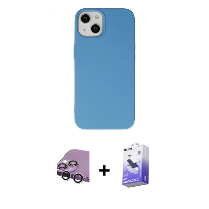 MARSİLYAN™- iPhone 14 Kılıf Ahenk Serisi - Siyah Bilvis 5in1 5D Magic Hayalet Cam Ekran Koruyucu + Raze Metal Kamera Lens - GS