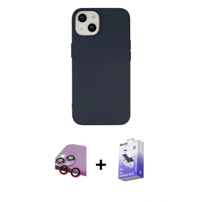 MARSİLYAN™- iPhone 14 Kılıf Ahenk Serisi - Siyah Bilvis 5in1 5D Magic Hayalet Cam Ekran Koruyucu + Raze Metal Kamera Lens - KI