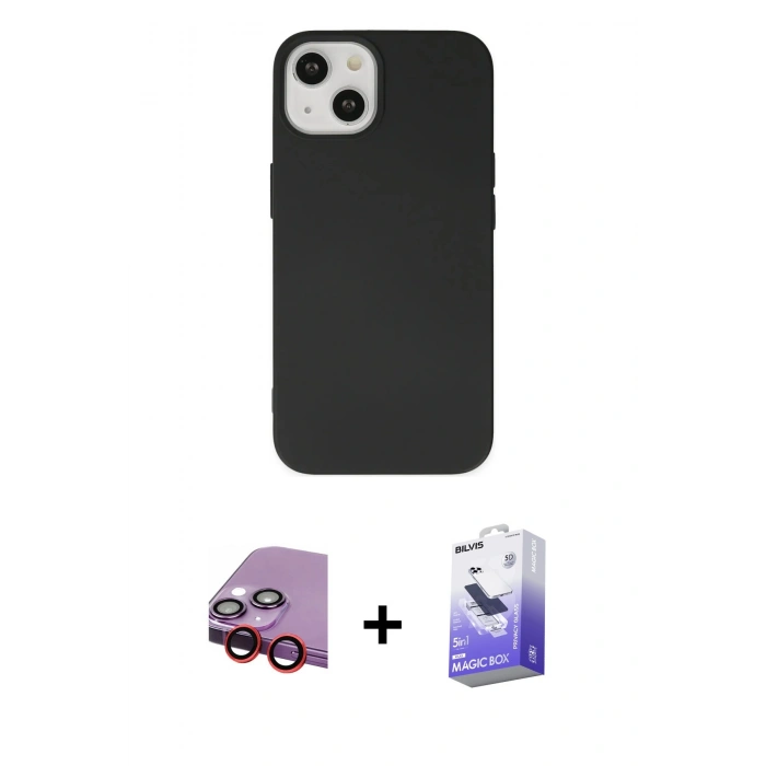 MARSİLYAN™- iPhone 14 Kılıf Ahenk Serisi - Siyah Bilvis 5in1 5D Magic Hayalet Cam Ekran Koruyucu + Raze Metal Kamera Lens - KI