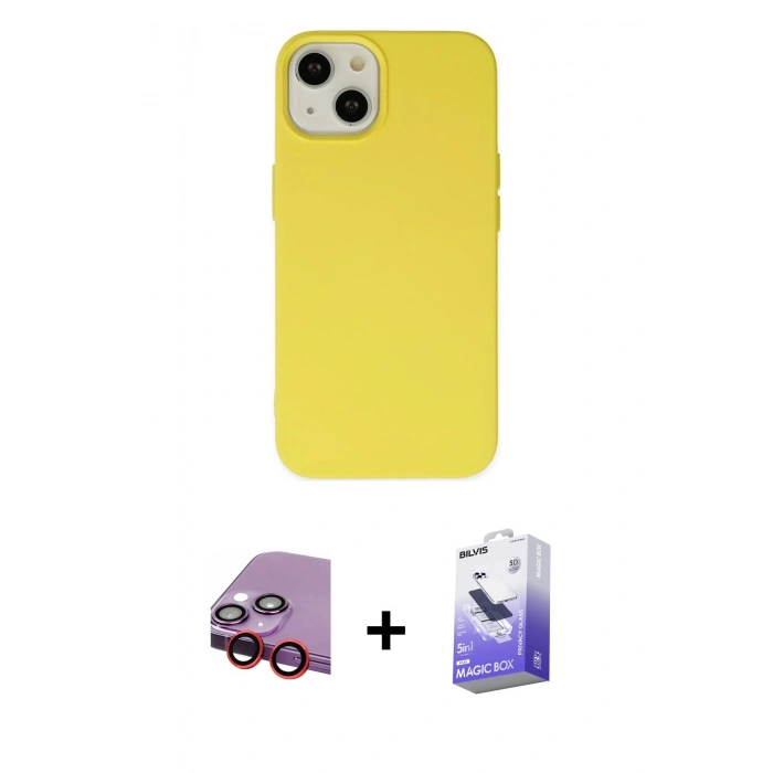 MARSİLYAN™- iPhone 14 Kılıf Ahenk Serisi - Siyah Bilvis 5in1 5D Magic Hayalet Cam Ekran Koruyucu + Raze Metal Kamera Lens - KI