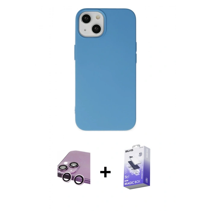 MARSİLYAN™- iPhone 14 Kılıf Ahenk Serisi - Siyah Bilvis 5in1 5D Magic Hayalet Cam Ekran Koruyucu + Raze Metal Kamera Lens - MR