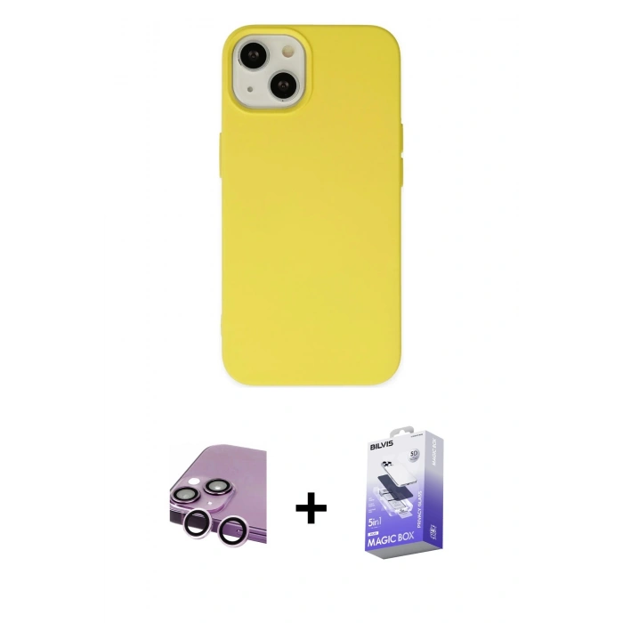 MARSİLYAN™- iPhone 14 Kılıf Ahenk Serisi - Siyah Bilvis 5in1 5D Magic Hayalet Cam Ekran Koruyucu + Raze Metal Kamera Lens - MR