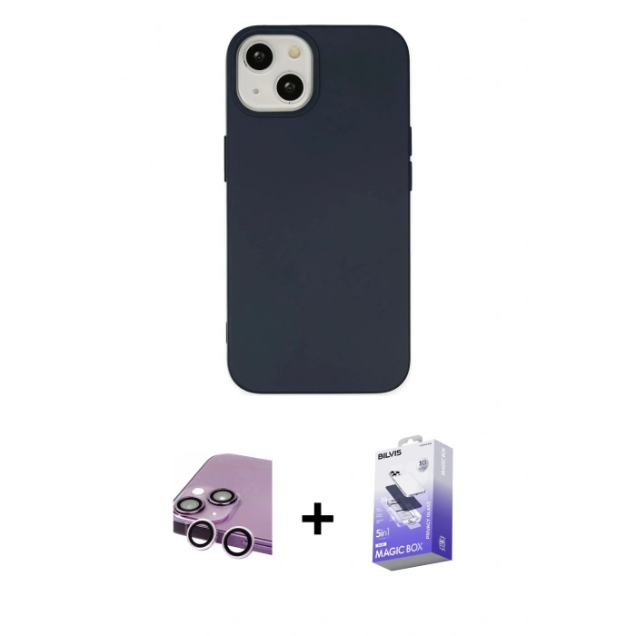 MARSİLYAN™- iPhone 14 Kılıf Ahenk Serisi - Siyah Bilvis 5in1 5D Magic Hayalet Cam Ekran Koruyucu + Raze Metal Kamera Lens - MR