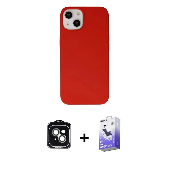 MARSİLYAN™- iPhone 14 Kılıf Ahenk Serisi - Siyah Bilvis 5in1 5D Magic Hayalet Cam Ekran Koruyucu + PVD Metal Kamera Lens - YL