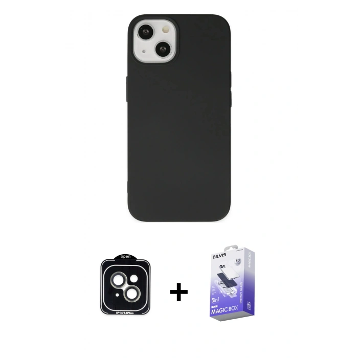 MARSİLYAN™- iPhone 14 Kılıf Ahenk Serisi - Siyah Bilvis 5in1 5D Magic Hayalet Cam Ekran Koruyucu + PVD Metal Kamera Lens - YL