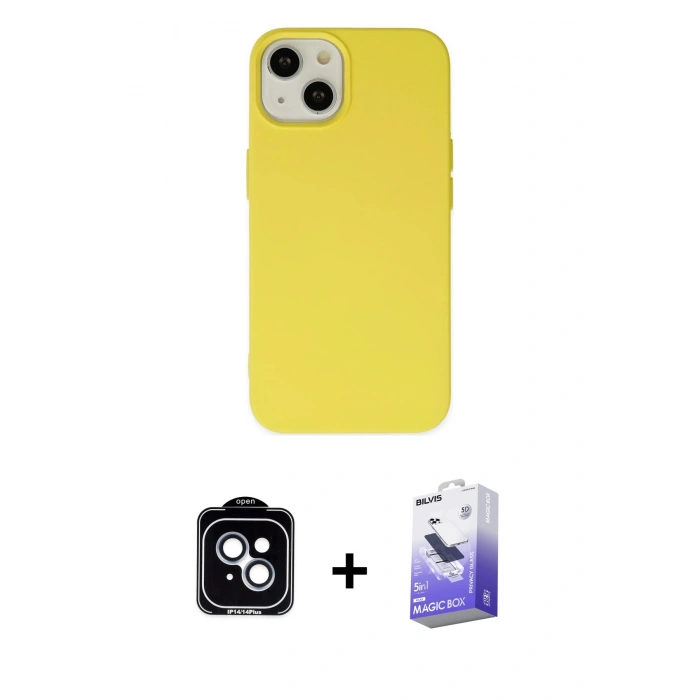 MARSİLYAN™- iPhone 14 Kılıf Ahenk Serisi - Siyah Bilvis 5in1 5D Magic Hayalet Cam Ekran Koruyucu + PVD Metal Kamera Lens - MI