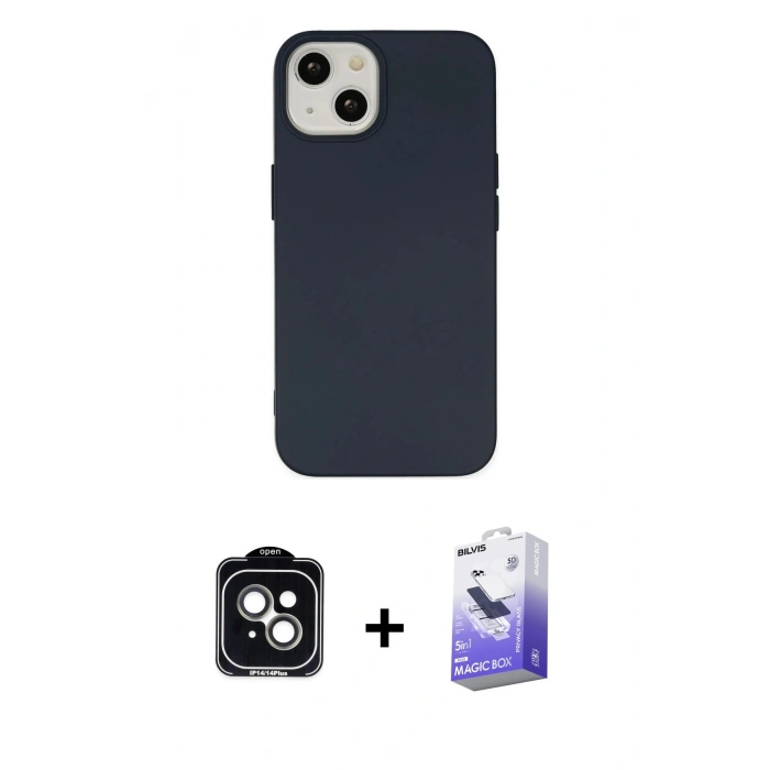 MARSİLYAN™- iPhone 14 Kılıf Ahenk Serisi - Siyah Bilvis 5in1 5D Magic Hayalet Cam Ekran Koruyucu + PVD Metal Kamera Lens - YL