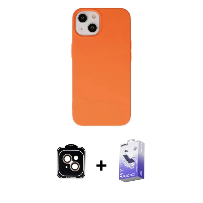 MARSİLYAN™- iPhone 14 Kılıf Ahenk Serisi - Siyah Bilvis 5in1 5D Magic Hayalet Cam Ekran Koruyucu + PVD Metal Kamera Lens - TU