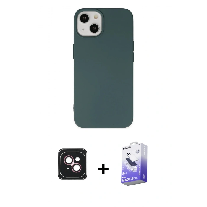 MARSİLYAN™- iPhone 14 Kılıf Ahenk Serisi - Siyah Bilvis 5in1 5D Magic Hayalet Cam Ekran Koruyucu + PVD Metal Kamera Lens - PE