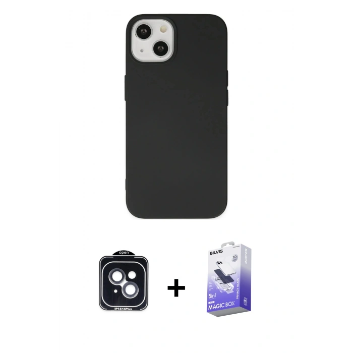 MARSİLYAN™- iPhone 14 Kılıf Ahenk Serisi - Siyah Bilvis 5in1 5D Magic Hayalet Cam Ekran Koruyucu + PVD Metal Kamera Lens - SH