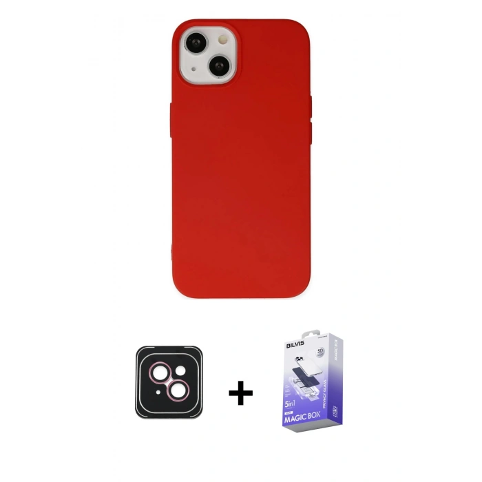 MARSİLYAN™- iPhone 14 Kılıf Ahenk Serisi - Siyah Bilvis 5in1 5D Magic Hayalet Cam Ekran Koruyucu + PVD Metal Kamera Lens - PE