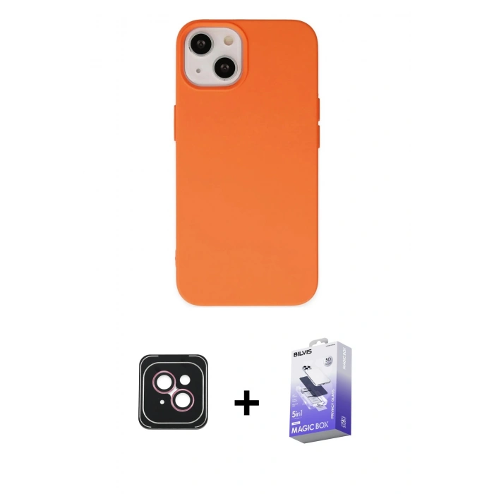 MARSİLYAN™- iPhone 14 Kılıf Ahenk Serisi - Siyah Bilvis 5in1 5D Magic Hayalet Cam Ekran Koruyucu + PVD Metal Kamera Lens - PE