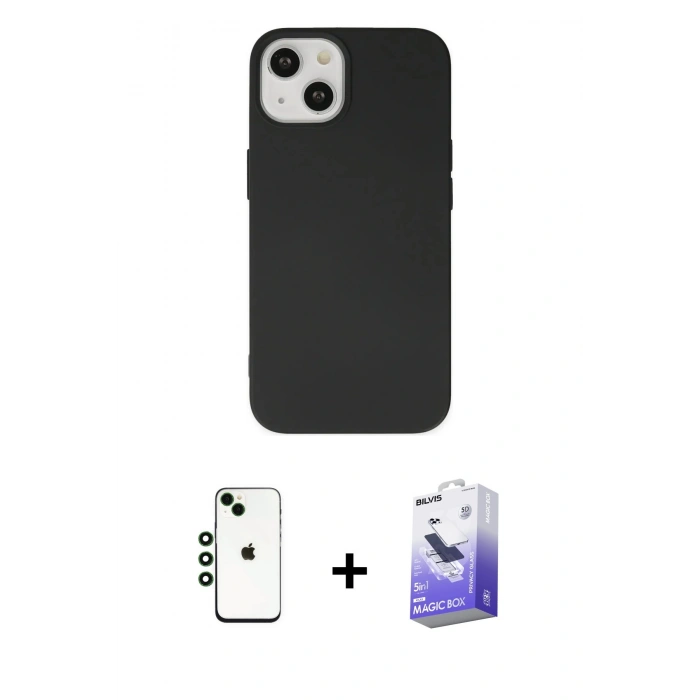 MARSİLYAN™- iPhone 14 Kılıf Ahenk Serisi - Siyah Bilvis 5in1 5D Magic Hayalet Cam Ekran Koruyucu + Shine Kamera Lens - YL