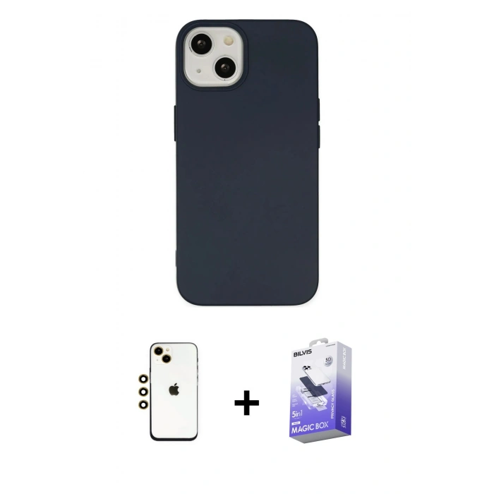 MARSİLYAN™- iPhone 14 Kılıf Ahenk Serisi - Siyah Bilvis 5in1 5D Magic Hayalet Cam Ekran Koruyucu + Shine Kamera Lens - GD