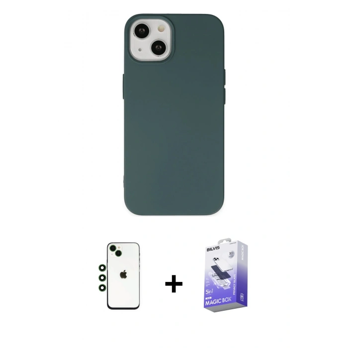 MARSİLYAN™- iPhone 14 Kılıf Ahenk Serisi - Siyah Bilvis 5in1 5D Magic Hayalet Cam Ekran Koruyucu + Shine Kamera Lens - YL