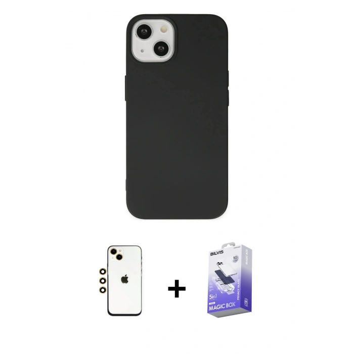 MARSİLYAN™- iPhone 14 Kılıf Ahenk Serisi - Siyah Bilvis 5in1 5D Magic Hayalet Cam Ekran Koruyucu + Shine Kamera Lens - GD