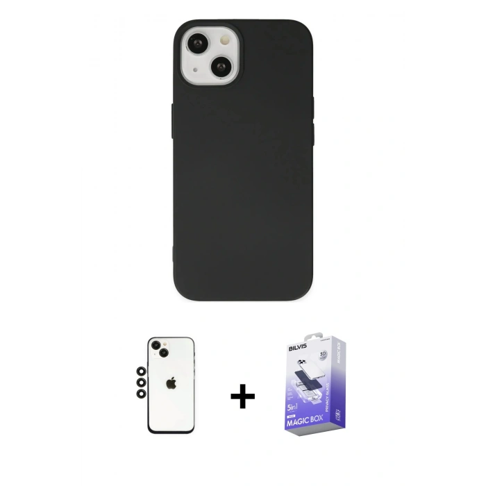 MARSİLYAN™- iPhone 14 Kılıf Ahenk Serisi - Siyah Bilvis 5in1 5D Magic Hayalet Cam Ekran Koruyucu + Shine Kamera Lens - SH