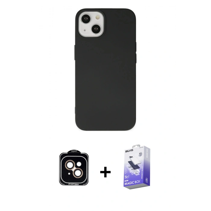 MARSİLYAN™- iPhone 14 Kılıf Ahenk Serisi - Siyah Bilvis 5in1 5D Magic Hayalet Cam Ekran Koruyucu + PVD Metal Kamera Lens - TU
