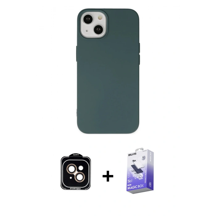 MARSİLYAN™- iPhone 14 Kılıf Ahenk Serisi - Siyah Bilvis 5in1 5D Magic Hayalet Cam Ekran Koruyucu + PVD Metal Kamera Lens - TU