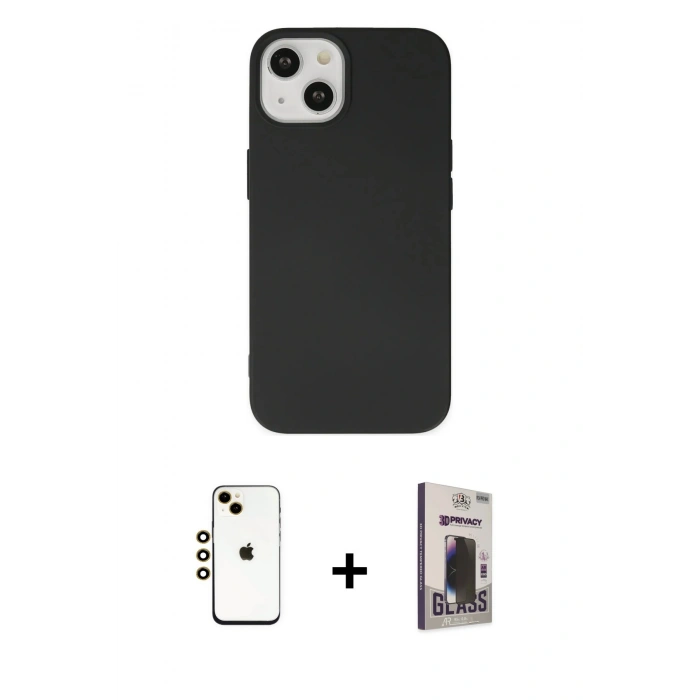 MARSİLYAN™- iPhone 14 Kılıf Ahenk Serisi - Siyah Bilvis Hayalet Cam Ekran Koruyucu + Shine Kamera Lens - GD