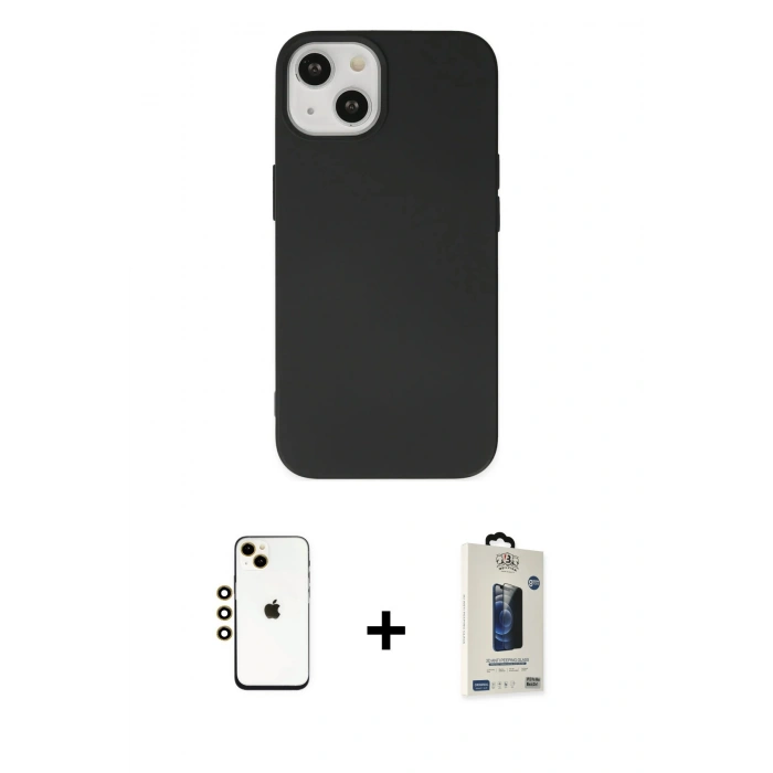 MARSİLYAN™- iPhone 14 Kılıf Ahenk Serisi - Siyah Bilvis Hayalet Cam Ekran Koruyucu + Shine Kamera Lens - GD
