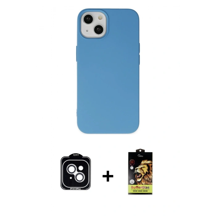 MARSİLYAN™- iPhone 14 Kılıf Ahenk Serisi - Siyah Buffer Cam Ekran Koruyucu + PVD Metal Kamera Lens - GS