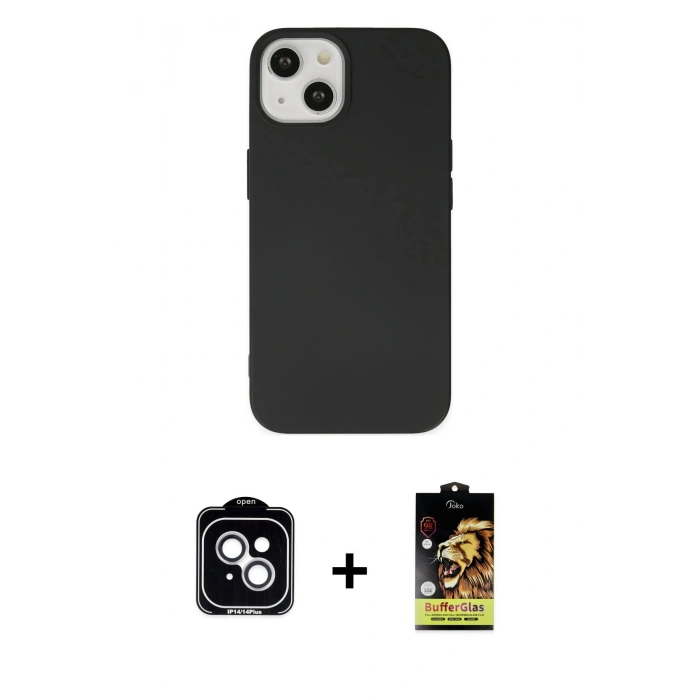 MARSİLYAN™- iPhone 14 Kılıf Ahenk Serisi - Siyah Buffer Cam Ekran Koruyucu + PVD Metal Kamera Lens - GS