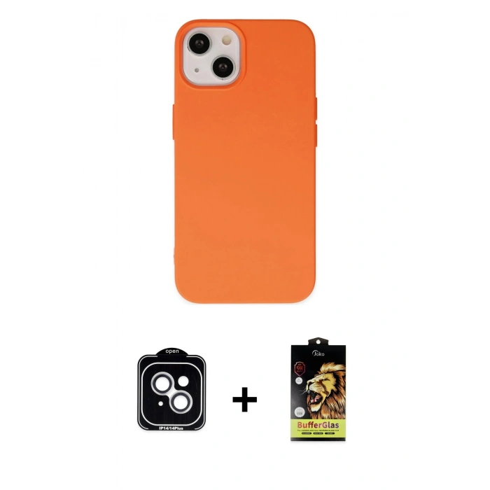 MARSİLYAN™- iPhone 14 Kılıf Ahenk Serisi - Siyah Buffer Cam Ekran Koruyucu + PVD Metal Kamera Lens - GS